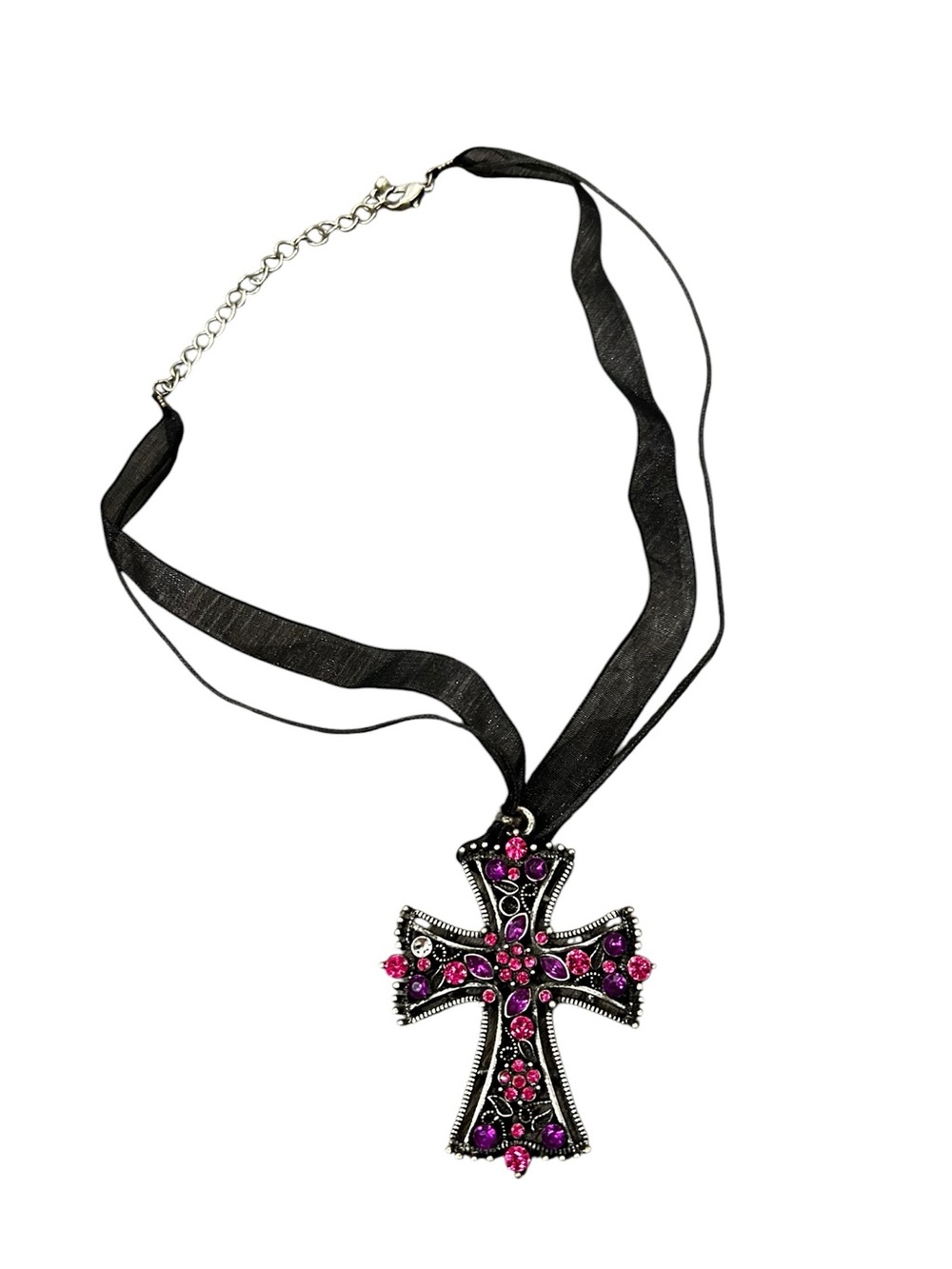 Gothic Pink and silver jeweled cross necklace